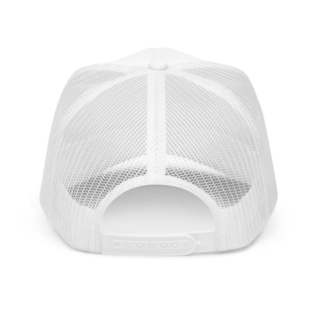 Back view of a white foam trucker hat showcasing its mesh design and adjustable snap closure.