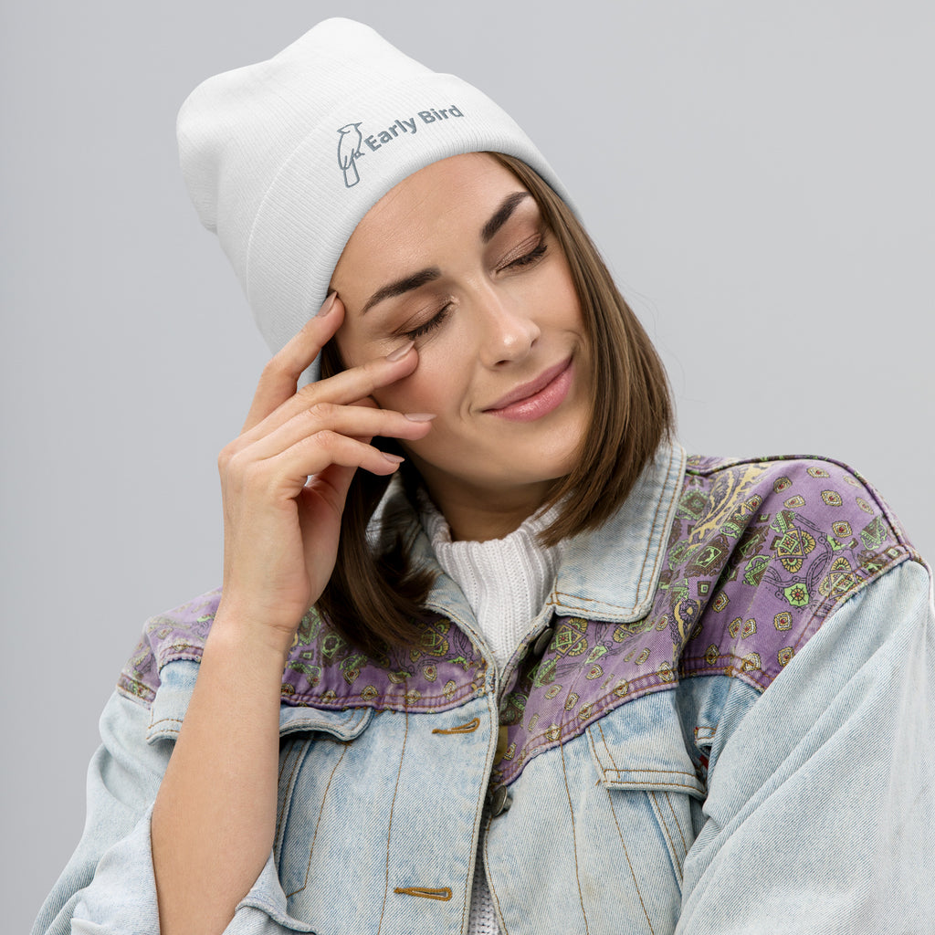 Embroidered Beanie featuring Early Bird logo worn by a young woman with a denim jacket.