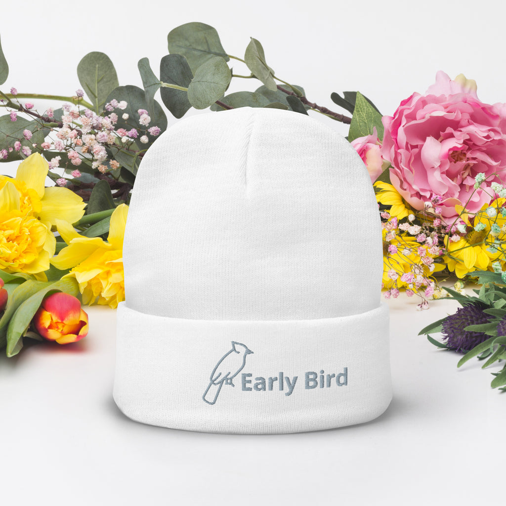 Embroidered Beanie with Early Bird logo surrounded by colorful flowers.